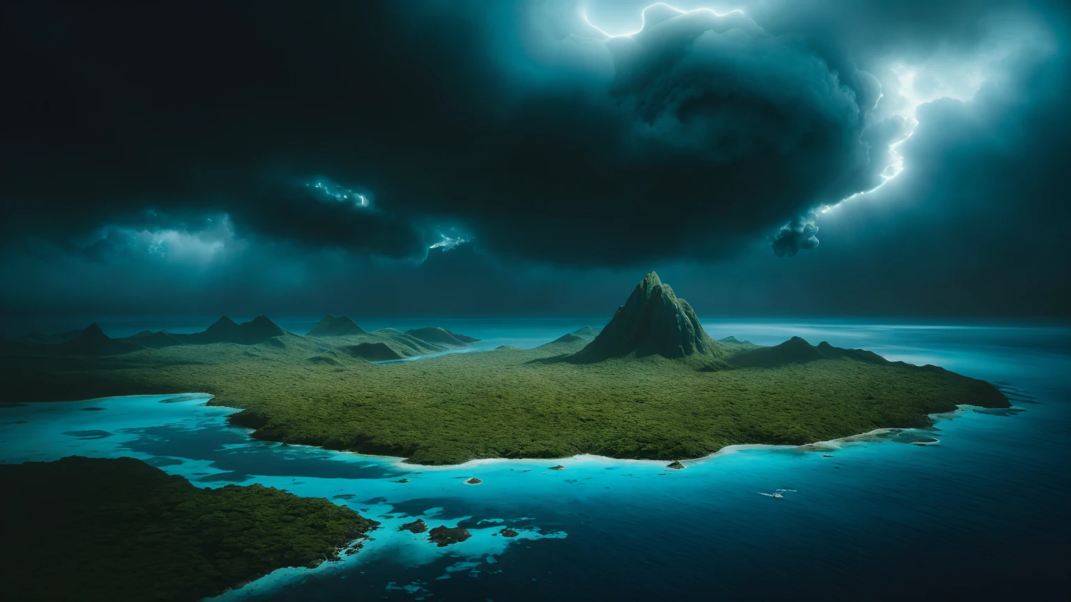 In the center of the painting there is a woman, Photorealistic drone photo of a mountain slope mountainside in an alien jungle on the ocean shore. In the center of the picture is a women. She stepped on a lonely unknown planet, A certain visible and invisible oceans stretched before the eyes of the astronaut, boasting a variety of shades from turquoise to deep blue. Islands, covered with strange and magical trees, shone on the surface of the water, Like little gems. Kodak ektar film, 35mm photography, professional lighting, deep aesthetic, microscopic details, contemporary art, dreamlike surrealism, The scene is epic and mysterious, reminiscent of the X-Files, dreamy, ethereal, ultra-detailed, Strong contrast, Good depth of field, 8K wallpaper, Masterpiece, Aesthetic illustration in realistic style, Dark Clouds almost completely covered the sky, the air is very humid, urgently outside, In the background, huge, incomprehensible but interesting and exciting jellyfish-shaped capsules grow from the ground into the sky, alien structures look like jellyfish in the background