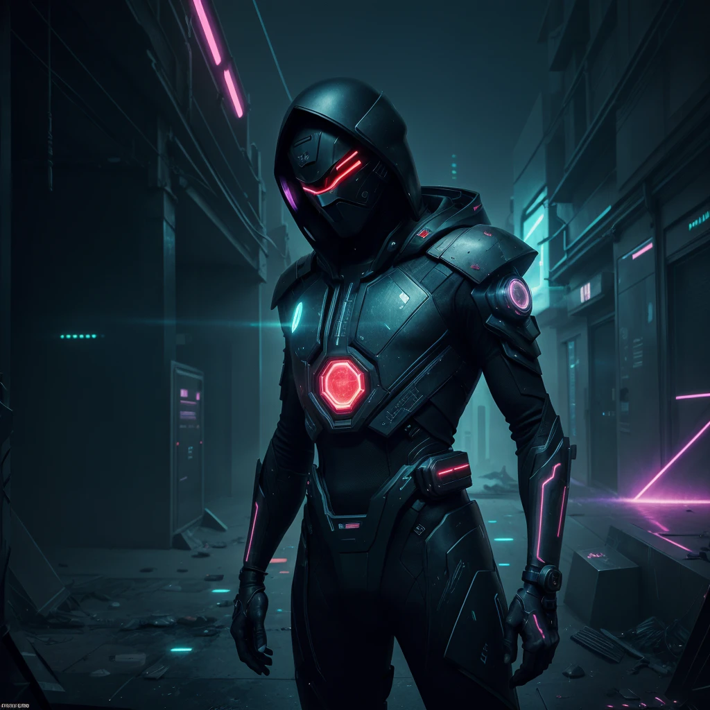 Futuristic, electro, Pop art, emotional depth, contrast, Dark, neon urban environment, holographic elements, digital glitches. In the foreground, a figure with noticeable red scars on his wrists stands in a thoughtful pose, half hidden in the shadows. Their face is partially hidden by a glowing mask or visor., symbolizing the duality of their public facade and private pain. Around them, Turn on the bright ones, pulsating lights and abstract shapes, to evoke a sense of inner turmoil and silent cries. The overall aesthetic is meant to combine cyberpunk influences with melancholy., but visually striking atmosphere