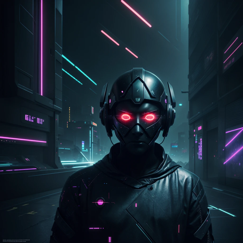 Futuristic, electro, Pop art, emotional depth, contrast, Dark, neon urban environment, holographic elements, digital glitches. In the foreground, a figure with noticeable red scars on his wrists stands in a thoughtful pose, half hidden in the shadows. Their face is partially hidden by a glowing mask or visor., symbolizing the duality of their public facade and private pain. Around them, Turn on the bright ones, pulsating lights and abstract shapes, to evoke a sense of inner turmoil and silent cries. The overall aesthetic is meant to combine cyberpunk influences with melancholy., but visually striking atmosphere