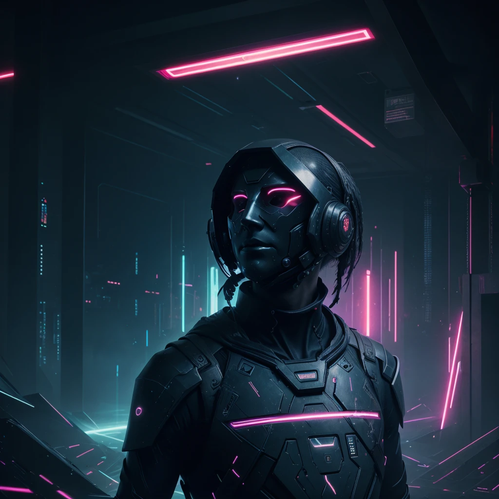 Futuristic, electro, Pop art, emotional depth, contrast, Dark, neon urban environment, holographic elements, digital glitches. In the foreground, a figure with noticeable red scars on his wrists stands in a thoughtful pose, half hidden in the shadows. Their face is partially hidden by a glowing mask or visor., symbolizing the duality of their public facade and private pain. Around them, Turn on the bright ones, pulsating lights and abstract shapes, to evoke a sense of inner turmoil and silent cries. The overall aesthetic is meant to combine cyberpunk influences with melancholy., but visually striking atmosphere