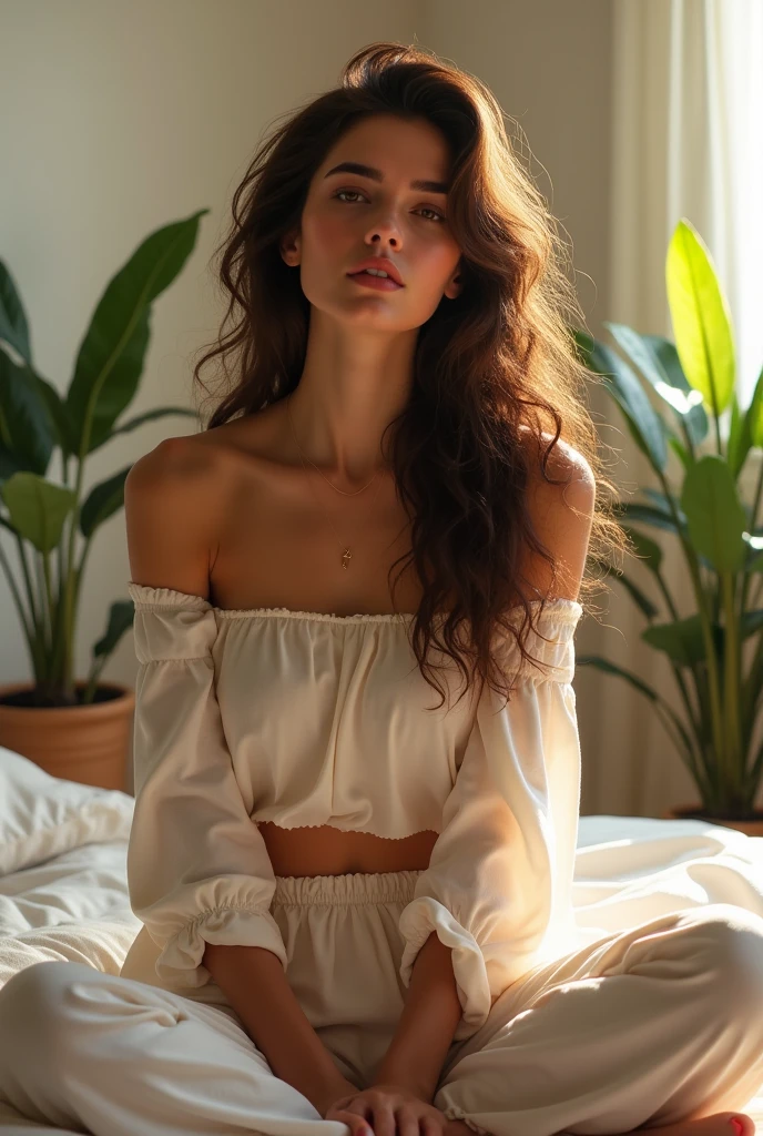 (photorealism:1.2), beautiful woman, sitting on bed, wearing loose off-shoulder top, pajama pants, long curly hair, indoors, soft lighting, plants in background, window with sunlight, cozy room, relaxed pose, realistic, intricate details, warm colors, by Greg Rutkowski, by Alphonse Mucha