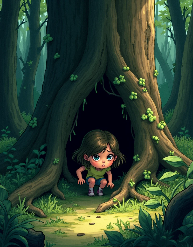 Illustrate Mia searching for Whiskers, looking under bushes, and climbing over logs. The forest is thick with vegetation, and Mia is determined, with a hint of anxiety on her face. She is peeking into a hollow tree, her surroundings still tinged with shadows.