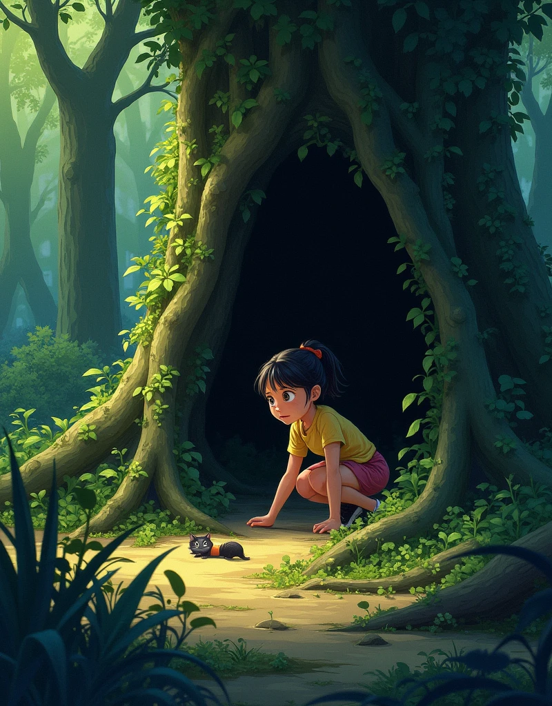 Illustrate Mia searching for Whiskers, looking under bushes, and climbing over logs. The forest is thick with vegetation, and Mia is determined, with a hint of anxiety on her face. She is peeking into a hollow tree, her surroundings still tinged with shadows.