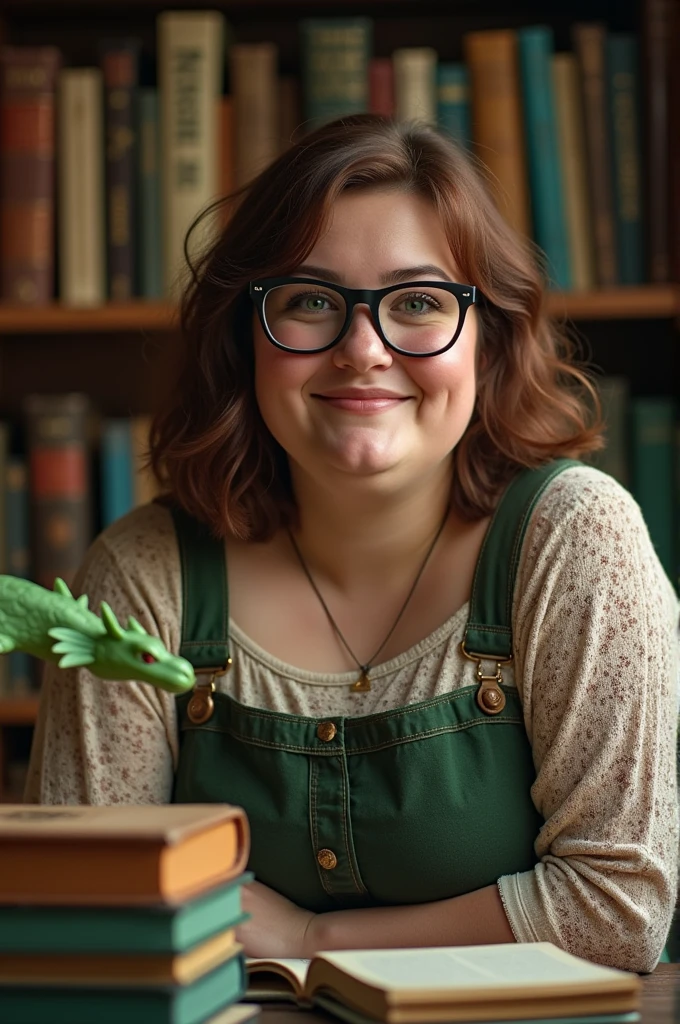a plump woman with large glasses and green eyes , brown bob that looks a bit cheeky and happy. she is surrounded by books, Dragons, Feen, princes, etc. 