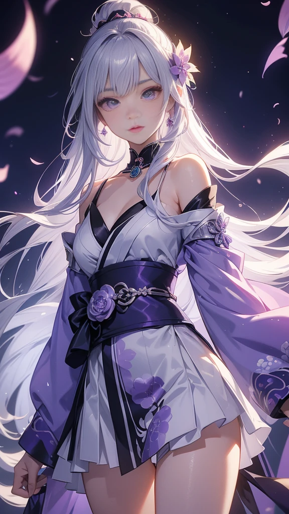 an hot anime-style female character named Ayame Tsukino. She is with long, flowing silver hair that reaches her waist, accented by soft lavender highlights that shimmer in the light. Her eyes are a bright, piercing violet, giving her an ethereal and captivating presence. Ayame has a petite and graceful build, standing at about 5'4". Her attire is a traditional kimono with a modern twist, featuring a dark purple color with intricate silver patterns resembling cherry blossoms. She wears a sash with a crescent moon emblem at her waist and carries a small, ornate fan.
Ayame exudes calmness and composure, with a gentle demeanor that belies her strong will and unwavering determination. She has a soothing presence and is known for her wisdom beyond her years. Despite her delicate appearance, she is fiercely protective of her loved ones and deeply compassionate. Ayame is the heir to an ancient clan that has safeguarded sacred artifacts for generations. She is highly skilled in traditional arts and has a deep connection to the spiritual realm. Now, she embarks on a journey to understand and control a hidden power within herself, all while upholding her family’s legacy.