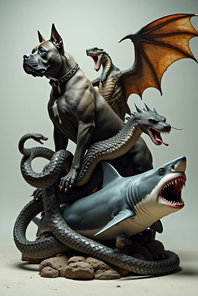 a photo of a written group "belts"
with a Pitbull, a rattlesnake, a dragon and a great white shark