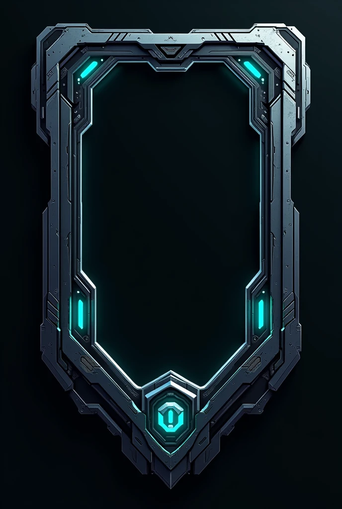 Create a decorative frame inspired by the handle of a cybernetic blade. The frame should have angular, futuristic lines, with details such as geometric patterns and integrated light circuits. Use dark colors like black and metallic gray, with accents of neon blue or green to give the impression of advanced technology. The design should evoke a feeling of power and precision, while adopting a Western cartoon style, with clean lines and a dynamic aesthetic.