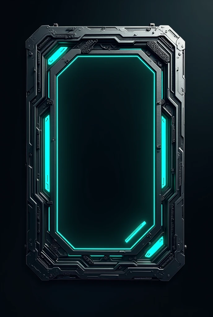 Create a decorative frame inspired by the handle of a cybernetic blade. The frame should have angular, futuristic lines, with details such as geometric patterns and integrated light circuits. Use dark colors like black and metallic gray, with accents of neon blue or green to give the impression of advanced technology. The design should evoke a feeling of power and precision, while adopting a Western cartoon style, with clean lines and a dynamic aesthetic.