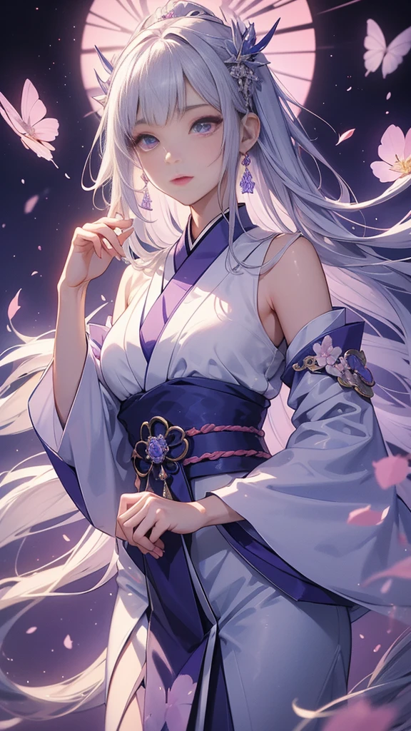 Top quality, high image quality, masterpiece, empress of japan, white hair, ((violet eyes)), light blue kimono, dark blue haori, upper body, hair strands, fair skin, elegant, graceful, beautiful, hair in a bun, hair ornament, imperial Japan, large breasts.