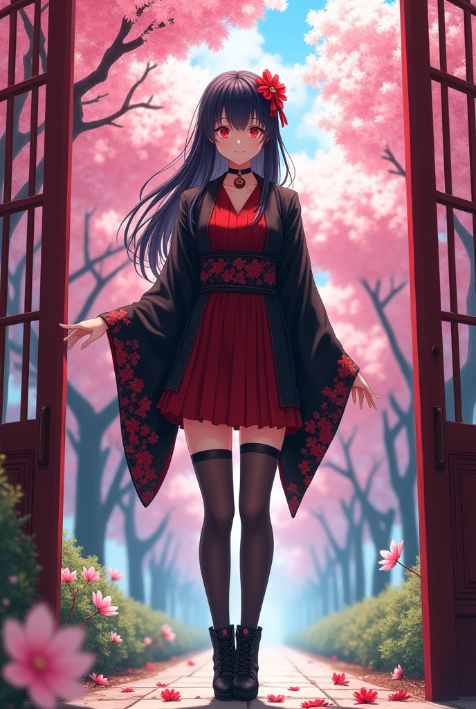 (extremely detailed CG unity 8k wallpaper), A 200 cm tall, muscular girl with broad shoulders, viewed from a low angle to emphasize his height. He is standing next to a standard door frame, towering over it, that accentuates his tall frame, (((ultra-detailed))), ((extremely detailed)), (((best illustration))), best illumination, ((extremely delicate and beautiful)), ((an extremely delicate and beautiful girl)), colorful, re sakura trees, park, (((colorful flowers))), blood particles, ((1 girl, solo)), {{finely detailed beautiful eyes and detailed face}}, smile, long hair, (((black hair))), red eyes, beautiful detailed eyes, mature female, slender, medium breast, black red fox ears, (black red fox tail), (((intricate details))), (Black and red knee-length kimono dress), black knee thighs, medium height black boots with medium heel, ((black choker with red pendent)), lycoris flower birthmark on neck sitting, bishoujo, 19_years_old,