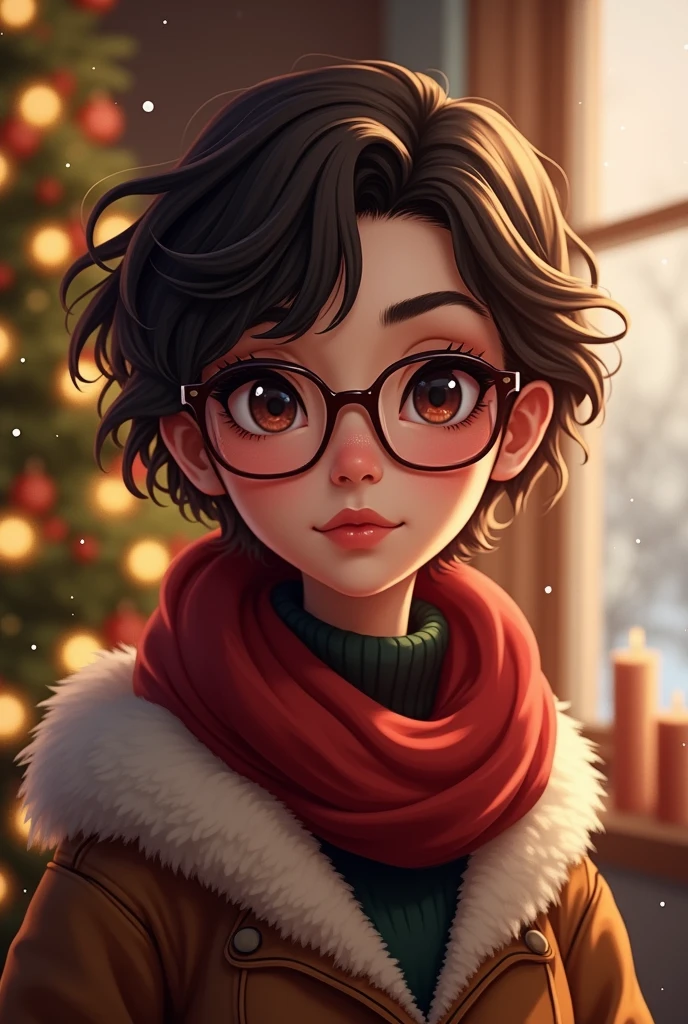 Strong and cute woman, brunette thin hair with big glasses. Elle porte des vetements d’hiver car elle adore noel 