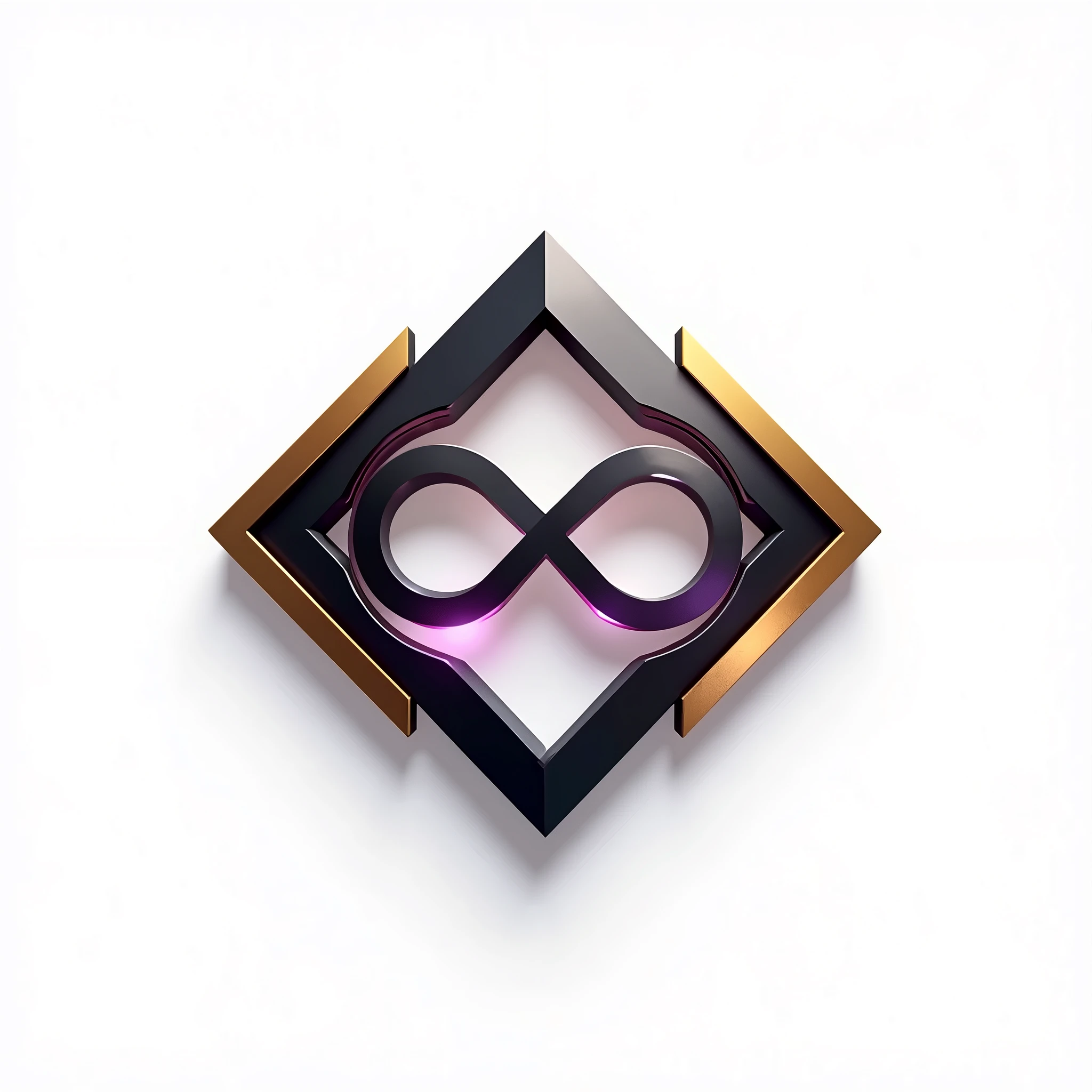 A logo for technology companies, with a futuristic diamond in metal theme with black colors, gold and purple, plain white background. Mixing the 8 of infinity.