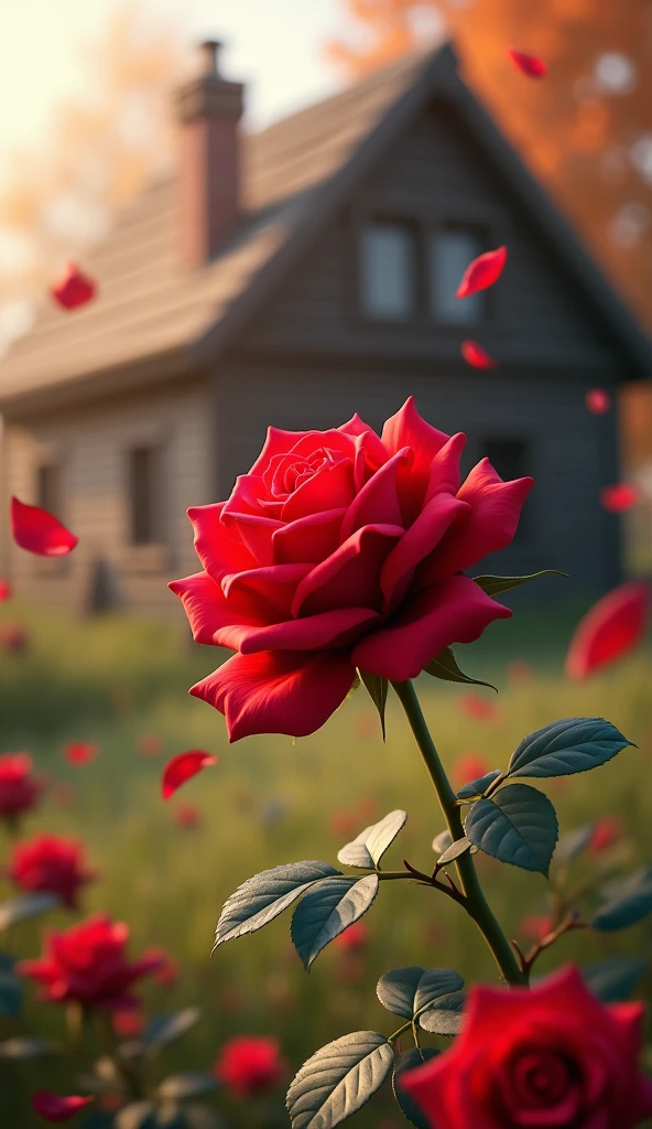 Bin red Rose wooden house rose petals se gira hua