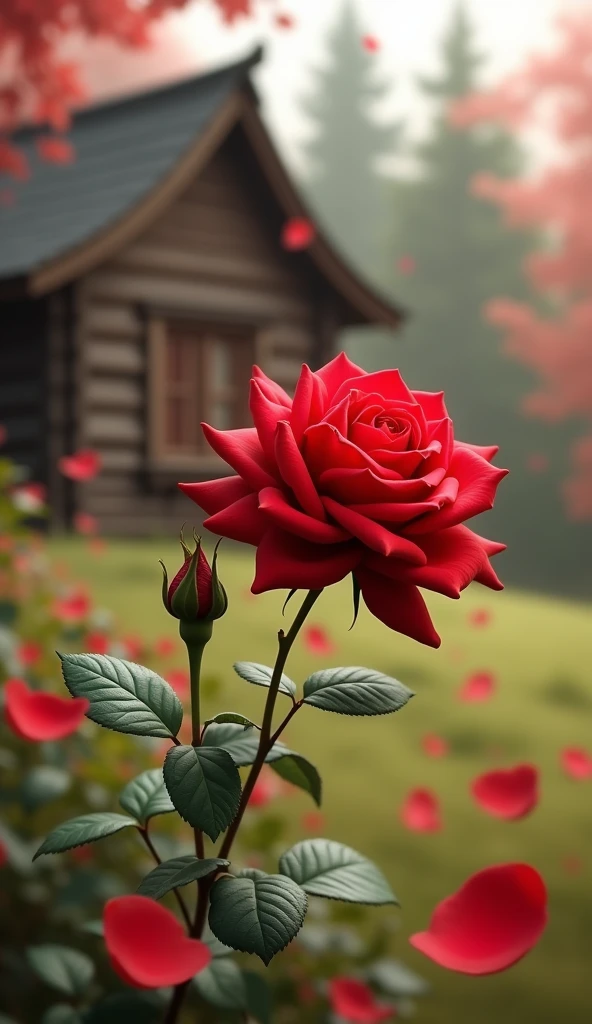 Bin red Rose wooden house rose petals se gira hua