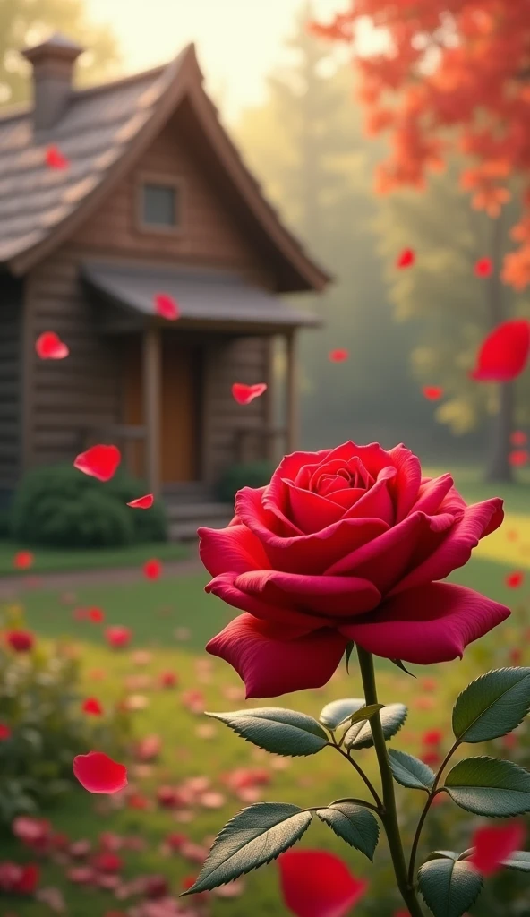 Bin red Rose wooden house rose petals se gira hua