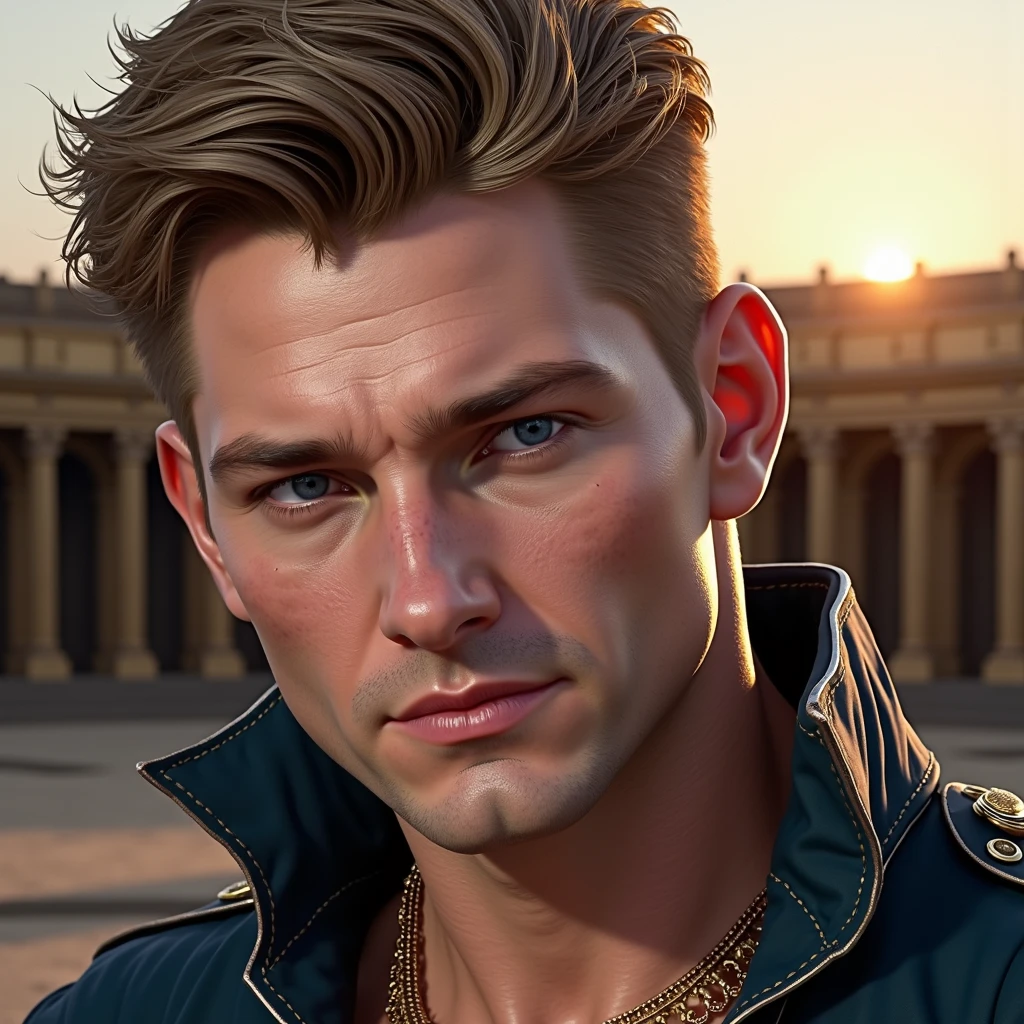roma blonde british royalty sexy blue blood. 8k resolution, Model 2, European German Male, blue eyes, blonde hair and hair. HD 4K detail of handsome handsome man face with short blonde hair and piercing blue eyes. he was tall and muscular, with broad shoulders and a strong, athletic build. He had a quiet confidence about him and a calm, assured demeanor that made him look like he could handle any situation. scenario takes place in a hyper-detailed palace. photorealistic. high quality.8k, body shot Navy amarduta costume roman warrior jewelry silver blue and Aruba (blue green), Hiperdetallado, ultra sharp, 8k, (incredibly detailed : 1.5), full body shots by IRO, 20 megapixels, Canon E OS R3, Fully Detailed, Greek Demigod