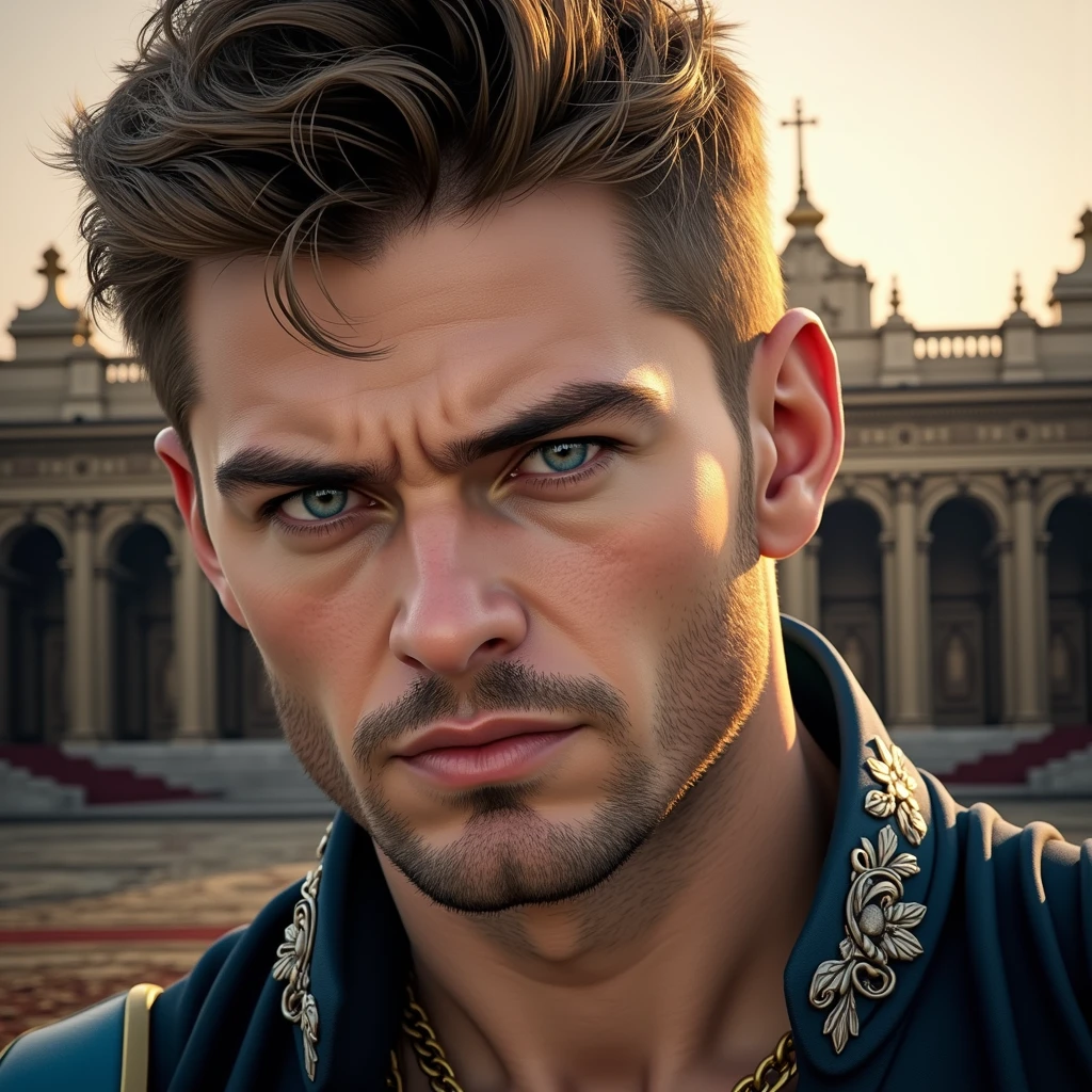 roma blonde british royalty sexy blue blood. 8k resolution, Model 2, European German Male, blue eyes, blonde hair and hair. HD 4K detail of handsome handsome man face with short blonde hair and piercing blue eyes. he was tall and muscular, with broad shoulders and a strong, athletic build. He had a quiet confidence about him and a calm, assured demeanor that made him look like he could handle any situation. scenario takes place in a hyper-detailed palace. photorealistic. high quality.8k, body shot Navy amarduta costume roman warrior jewelry silver blue and Aruba (blue green), Hiperdetallado, ultra sharp, 8k, (incredibly detailed : 1.5), full body shots by IRO, 20 megapixels, Canon E OS R3, Fully Detailed, Greek Demigod