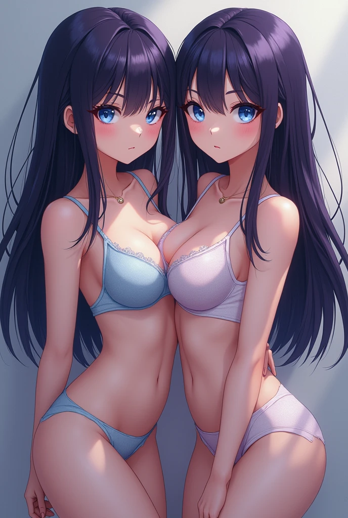 2 anime version girl, Dark purple hair, waist length, Cup size D, slim, White skin, light blue or sky blue eyes