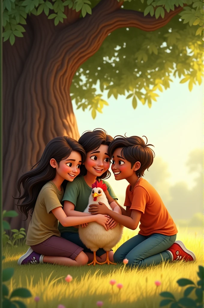 The friends were very happy and hugged Chandi.
The three friends kneeling down, hugging Chandi under the tree. Their faces show relief and happiness as they embrace the hen.