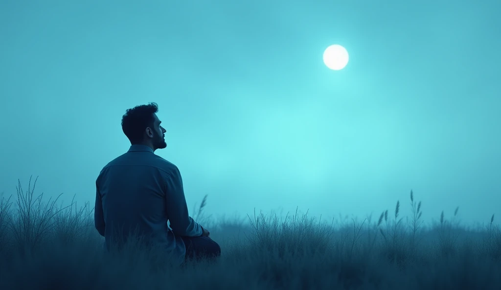generates me a man sitting, looking at a blue sky in an atmosphere of nocturnal solitude, photography 20mm, with a slight grain on the image, soft colors, blue atmoshpere, in a large field, the silhouette have to be close to the screen, there is no moon in the sky, soft fog, the silhouette have to be in the center of the screen
