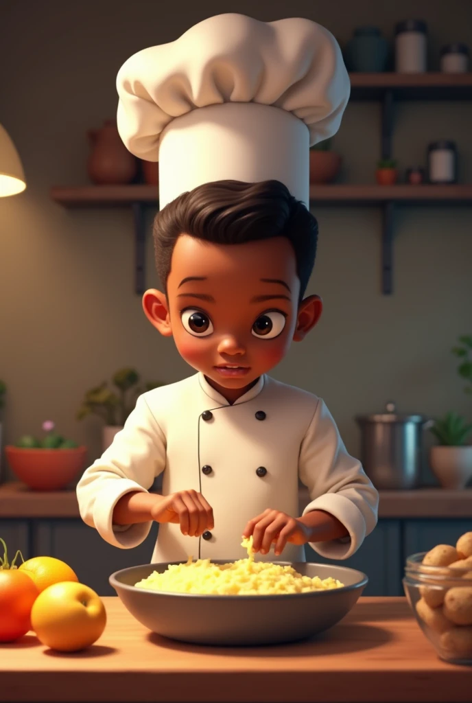 Black boy , chef's hat, short hair, making mashed potatoes