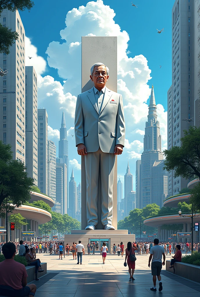 Create an illustration of a bustling modern big city with a monument of President López Obrador in the center in the futuristic world