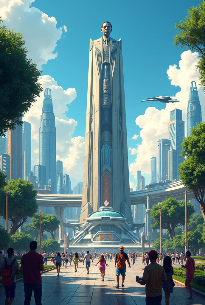 Create an illustration of a bustling modern big city with a monument of President López Obrador in the center in the futuristic world
