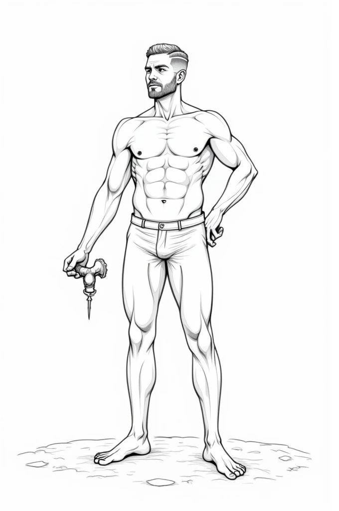 A line art illustration in which a man standing on land by one hand he is holding his own penis and looking by side in black and white tattoo style