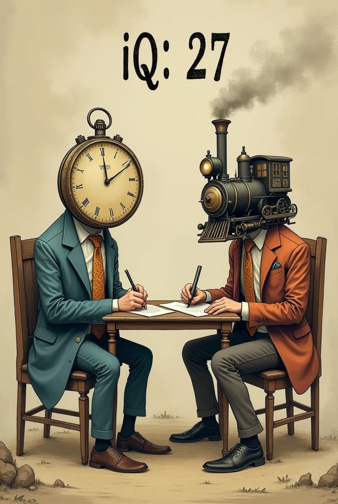 Guy with big watch instead of face and guy with train instead of head sitting and writing on paper with “IQ: 27” written above them
