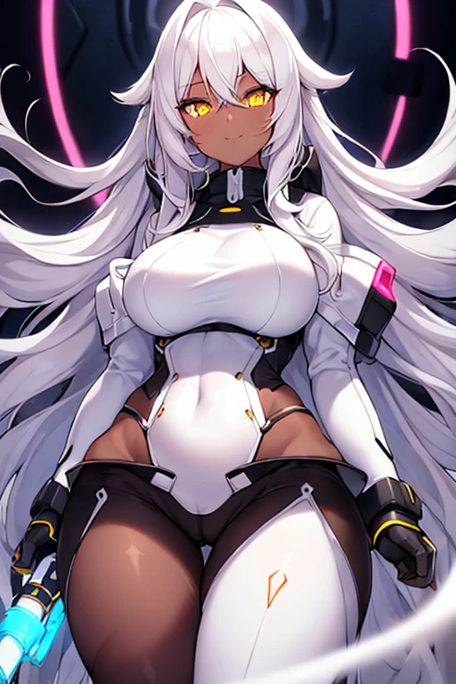 1girl, dark skin, dark-skinned female, white hair, long hair, wavy hair, bodysuit, white bodysuit, black pantyhose, pantyhose, large breasts, thick thighs, hourglass figure, neon lights, futuristic, tech, science-fiction, yellow eyes, smile, toned, long sleeves