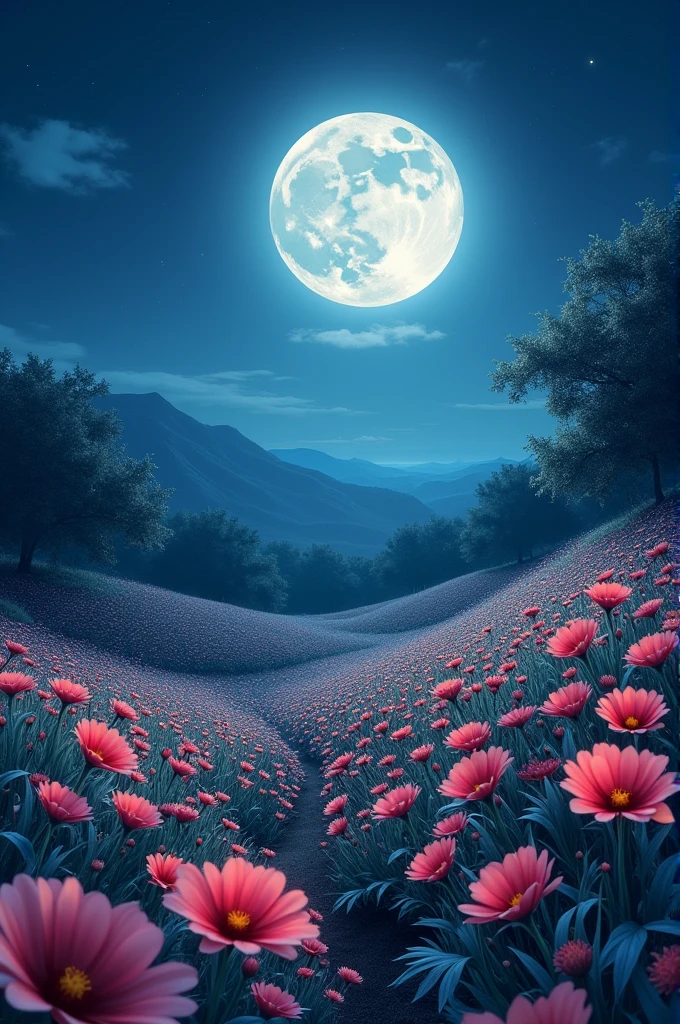 The moon illuminating the night covered with flowers