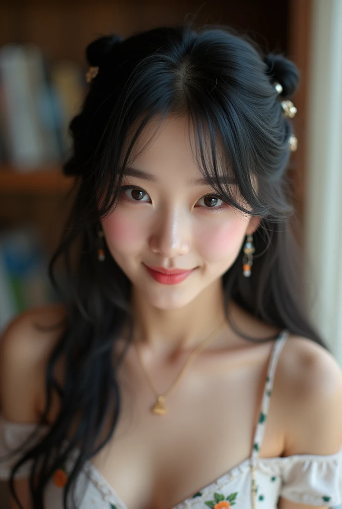 best quality photography, high resolution, 16K, realisitic, (photorealisitic:1.2), sharp focus on face, extreme quality, 1 Japanese girl, cowboy shot, (Accurate anatomy), beautiful courtesan, detailed and perfect face, big, uniform eyes, eyes black, Round face, (appealing: 1.3), (a fusion of intelligence and appealing: 1.4), beautiful shiny black hair, kind smile, (hair accessories, clip, gradient), (sensual lips), shiny colors, top cropped caro, (meaty shoulders and neckleace visible: 1.4), Breasts huge, (Well good: 1.5), neckleace, uneven skin, sweaty skin, shining skin, gazing at viewer, beautiful top perfectly customized with short pants, gazing at viewer, flower print, perfect proportions,