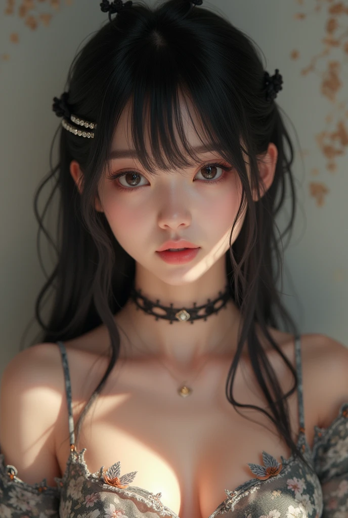 best quality photography, high resolution, 16K, realisitic, (photorealisitic:1.2), sharp focus on face, extreme quality, 1 Japanese girl, cowboy shot, (Accurate anatomy), beautiful courtesan, detailed and perfect face, big, uniform eyes, eyes black, Round face, (appealing: 1.3), (a fusion of intelligence and appealing: 1.4), beautiful shiny black hair, kind smile, (hair accessories, clip, gradient), (sensual lips), shiny colors, top cropped caro, (meaty shoulders and neckleace visible: 1.4), Breasts huge, (Well good: 1.5), neckleace, uneven skin, sweaty skin, shining skin, gazing at viewer, beautiful top perfectly customized with short pants, gazing at viewer, flower print, perfect proportions,