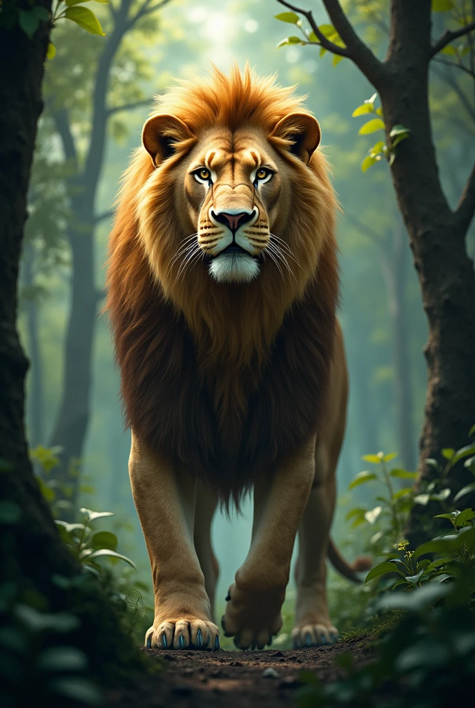 Lion in a forest looking straight ahead in a threatening tone vertically