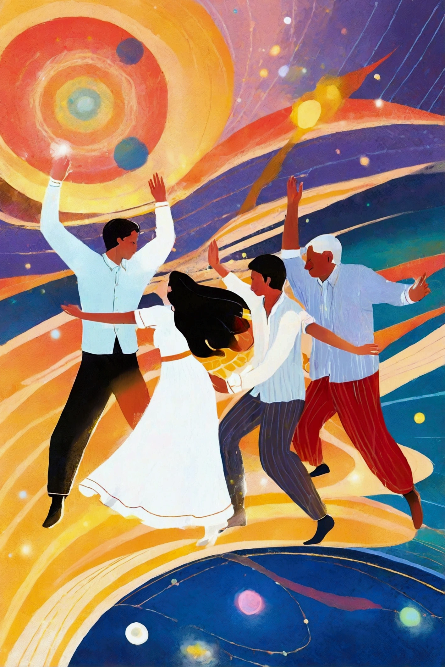Main Plane: The Cosmic Dance At the center of the painting, a group of human figures are immersed in a circular dance, their fluid and ethereal silhouettes swirling in harmony. They represent the diversity of humanity – some figures are dressed in traditional costumes from various cultures, others are more abstract, almost ghostly, symbolizing souls in motion. The colors of the costumes range from white to gold, with touches of red and blue, creating a contrast between purity, passion and spirituality. The figures are holding hands, forming a perfect circle that symbolizes eternity and union.
The Grains of Sand and the Particles of Air Around the Dancing Figures, the air is alive with the presence of grains of sand and particles of light, that spin around the circle in a dance of their own. These particles are painted as tiny dots of golden and silver light., that shine against a background of dark blue and purple hues, remembering the sky at dusk. They represent the idea that even the smallest elements of the universe participate in this cosmic dance., passionately revolving around a greater force, the sun or the divine source.
The Central Sun In the center of the dancing circle, a big sun shines brightly, its golden and orange flames radiating heat and light that bathe the entire scene. The sun is the focal point of the painting, representing the energy source, love and attraction around which everything revolves. Each figure, every particle of light, seems to be attracted to this center, symbolizing the idea that all beings, happy or miserable, revolve passionately around a central truth.