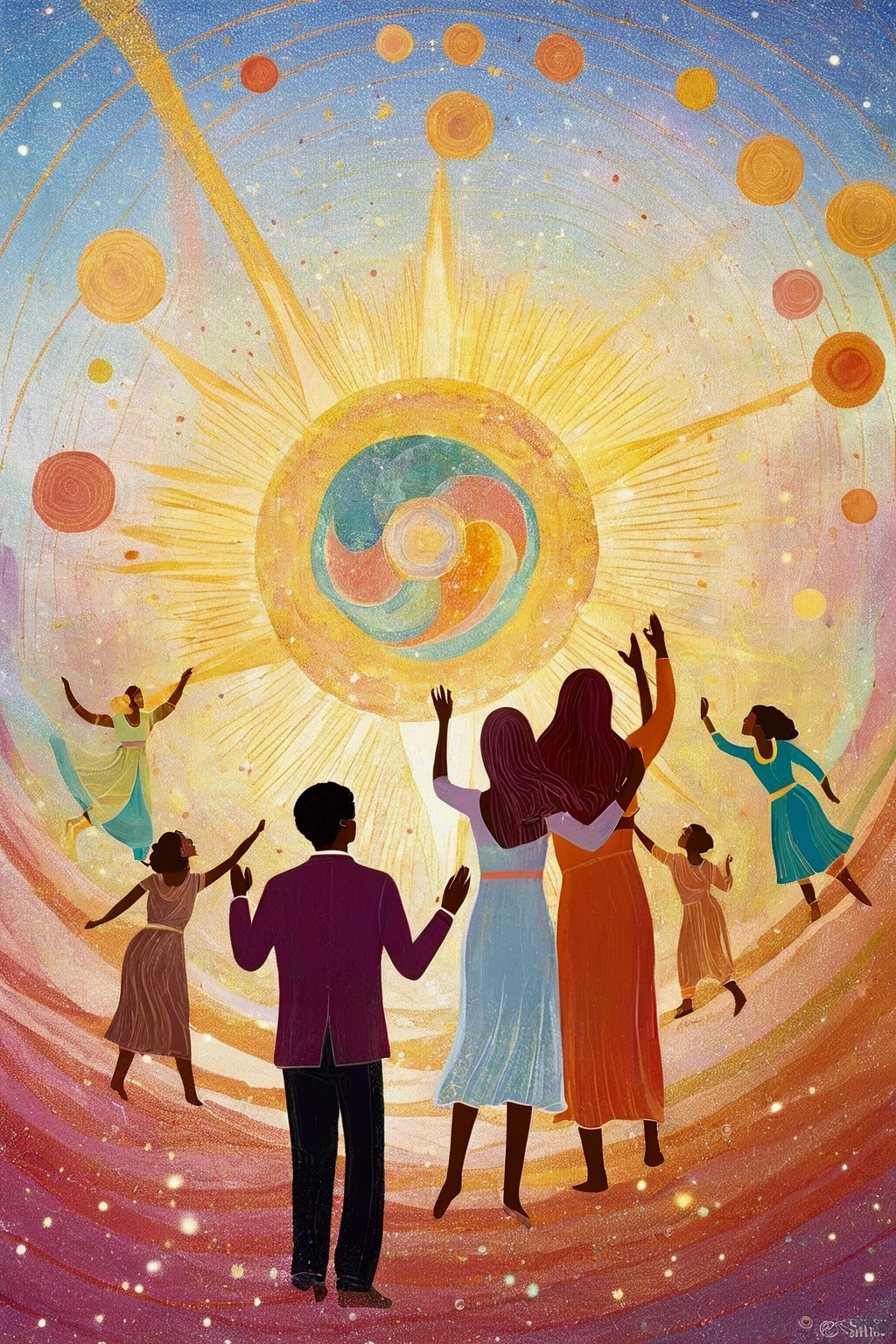 Main Plane: The Cosmic Dance At the center of the painting, a group of human figures are immersed in a circular dance, their fluid and ethereal silhouettes swirling in harmony. They represent the diversity of humanity – some figures are dressed in traditional costumes from various cultures, others are more abstract, almost ghostly, symbolizing souls in motion. The colors of the costumes range from white to gold, with touches of red and blue, creating a contrast between purity, passion and spirituality. The figures are holding hands, forming a perfect circle that symbolizes eternity and union.
The Grains of Sand and the Particles of Air Around the Dancing Figures, the air is alive with the presence of grains of sand and particles of light, that spin around the circle in a dance of their own. These particles are painted as tiny dots of golden and silver light., that shine against a background of dark blue and purple hues, remembering the sky at dusk. They represent the idea that even the smallest elements of the universe participate in this cosmic dance., passionately revolving around a greater force, the sun or the divine source.
The Central Sun In the center of the dancing circle, a big sun shines brightly, its golden and orange flames radiating heat and light that bathe the entire scene. The sun is the focal point of the painting, representing the energy source, love and attraction around which everything revolves. Each figure, every particle of light, seems to be attracted to this center, symbolizing the idea that all beings, happy or miserable, revolve passionately around a central truth.