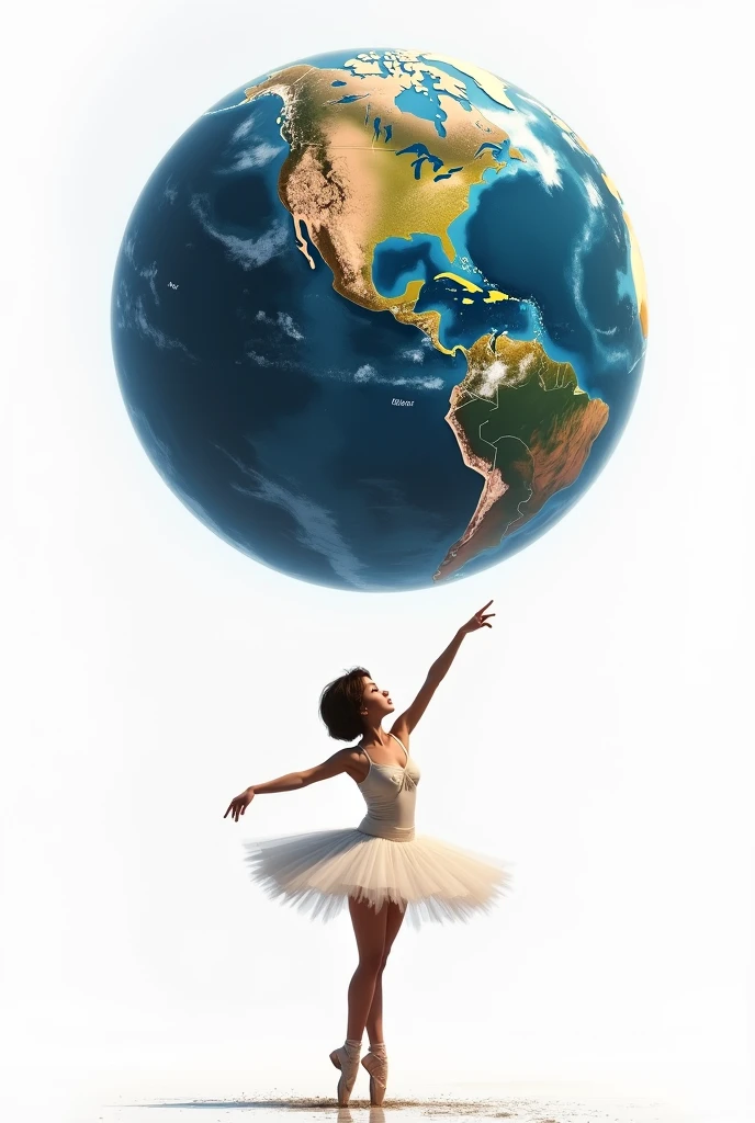 a ballerina pointing to the planet Earth bigger than her big and beautiful than the planet on a white background, the ballerina has short brown hair that leans towards blonde and has slightly darker skin 