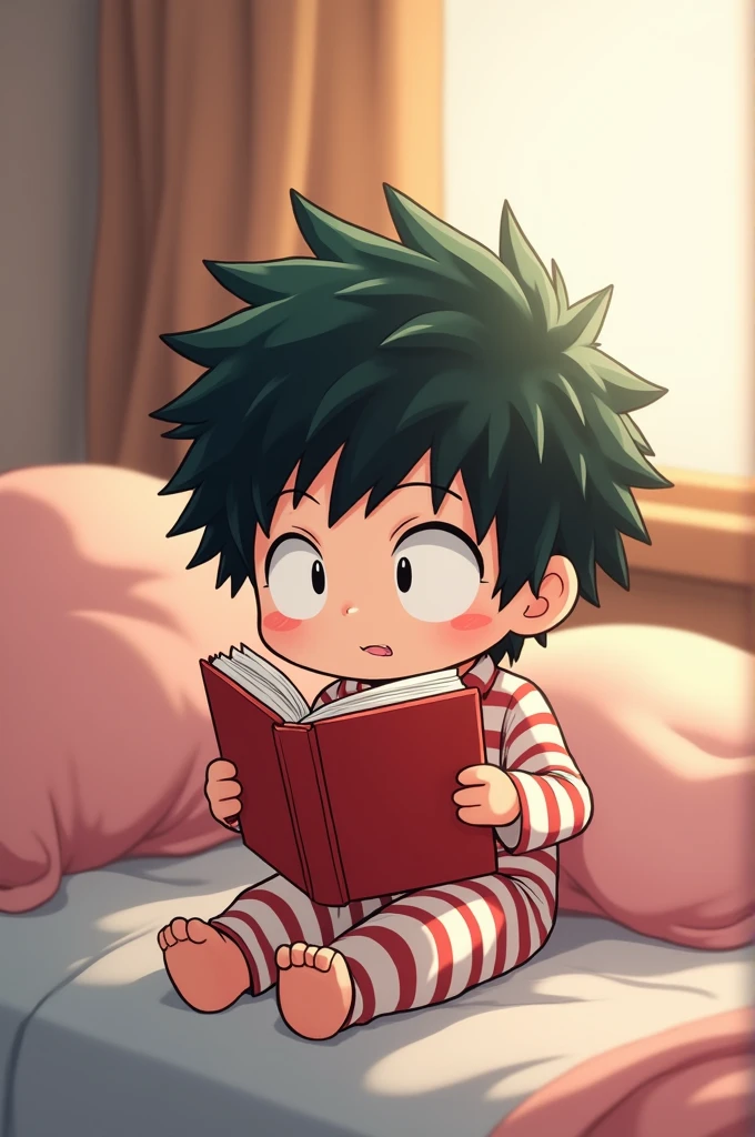 Shoto Todoroki in chibi form with striped pajamas reading a book with a cute face