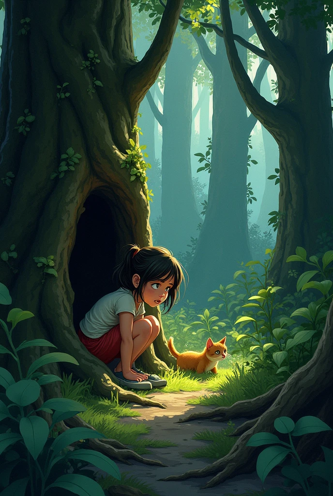 Illustrate Mia searching for Whiskers, looking under bushes, and climbing over logs. The forest is thick with vegetation, and Mia is determined, with a hint of anxiety on her face. She is peeking into a hollow tree, her surroundings still tinged with shadows.