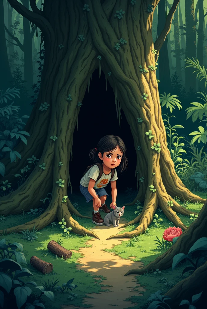 Illustrate Mia searching for Whiskers, looking under bushes, and climbing over logs. The forest is thick with vegetation, and Mia is determined, with a hint of anxiety on her face. She is peeking into a hollow tree, her surroundings still tinged with shadows.