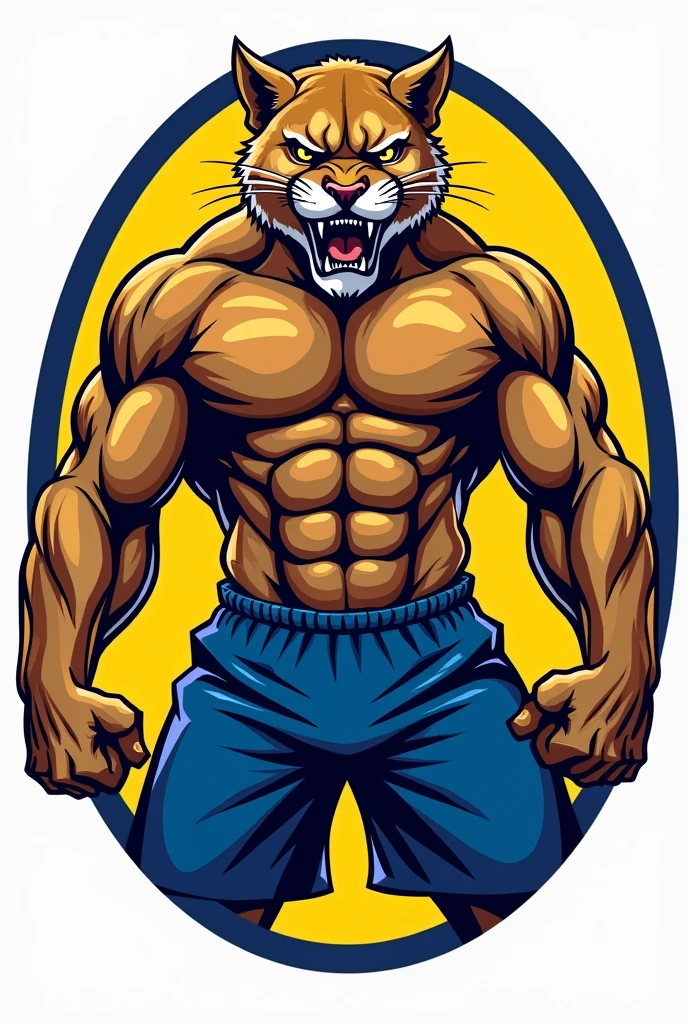 create an illustration of an anthropomorphic and hypertrophied puma, wearing blue shorts, within a yellow circular frame, frame border should be blue and white. The centralized body, facing the front, the flexed muscles, the aggressive face, showing teeth, leave with fur texture, mainly on the face. The illustration will be used for a university athletics logo..