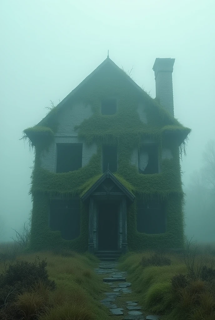 old house, with moss covered walls and broken windows. In the middle of the fog