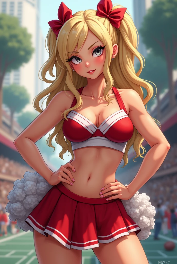 Cheerleader , blond hair , grey eyes , arround 5 feet 4 with big boobs and big ass , she’s smilling like she’s laughing at me and she look mean , typical bully