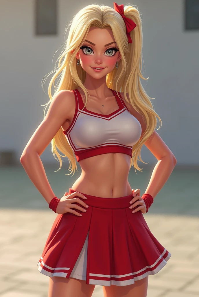 Cheerleader , blond hair , grey eyes , arround 5 feet 4 with big boobs and big ass , she’s smilling like she’s laughing at me and she look mean , typical bully