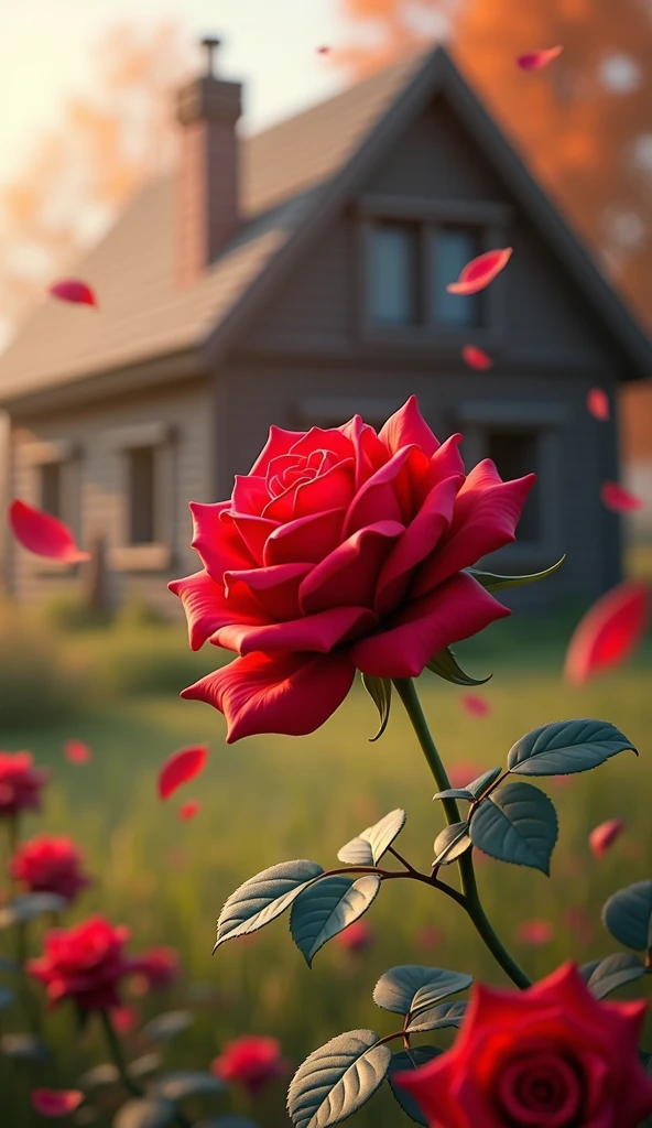 Bin red Rose wooden house rose petals se gira hua