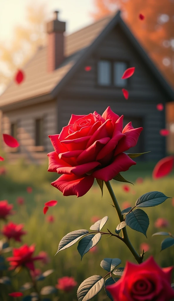Bin red Rose wooden house rose petals se gira hua