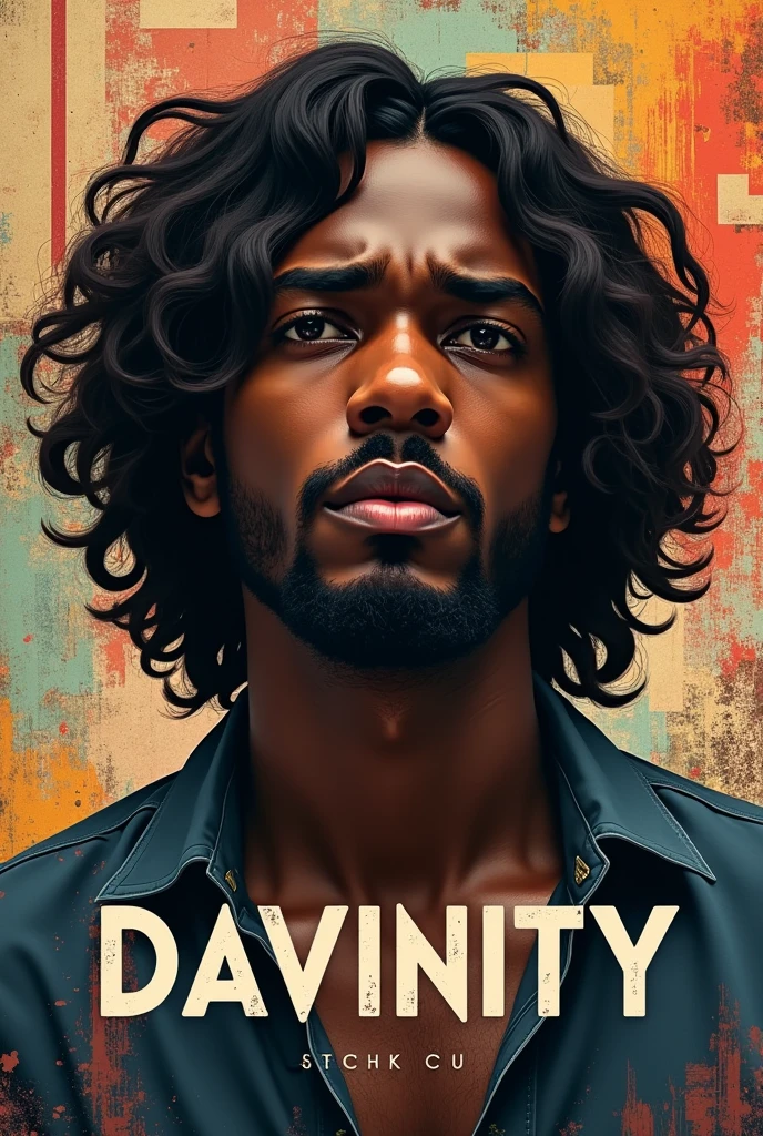 MUSIC ALBUM LAYER, with name DAVINITY IN FRONT young BLACK male composer WITH WAVY HAIR., WHO HAS A PAINFUL BEARD image of the face only, with very artistic and unique backgrounds