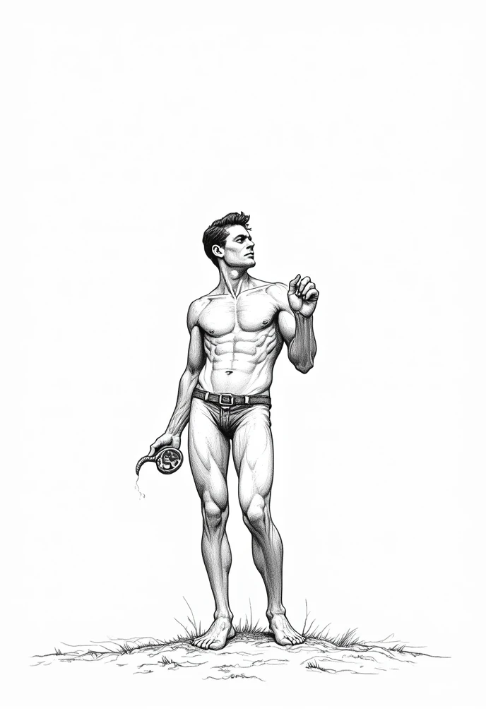 A line art illustration in which a man standing on land by one hand he is holding his own penis and looking by side in black and white tattoo style