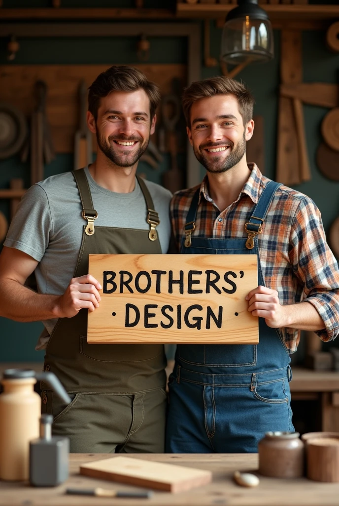 Two brothers holding a wooden sign saying Brothers's Design