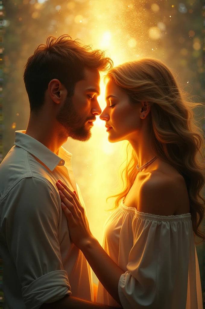 A man and a woman who press their foreheads against each other and a bright white light comes out of them, painting effect
